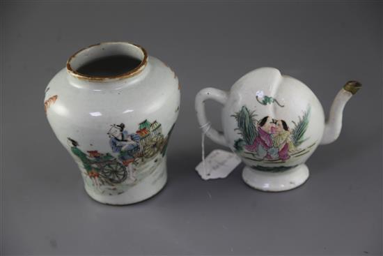 A Chinese famille verte baluster jar and a similar peach shaped wine pot, Qing dynasty, height 12.3cm
